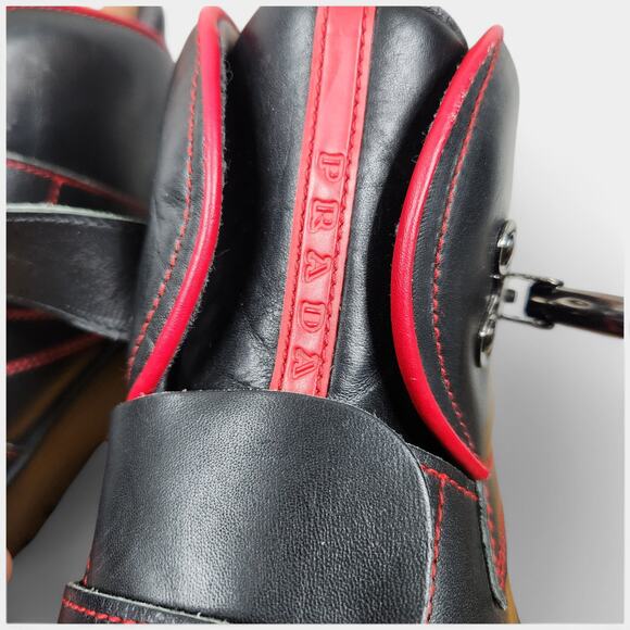 Vintage Prada Red Stripe Platform Boots Black Mens 9 (US 10) Made in Italy - Picture 14 of 16